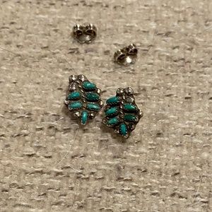 Native American, Sterling Silver & Turquoise leaf shaped earrings